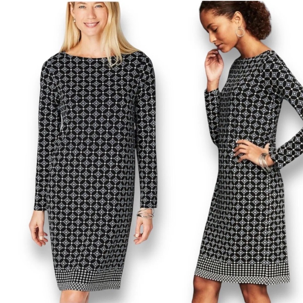J Jill Aztec Pattern Wearever collection Shift Dress black blue office career L
